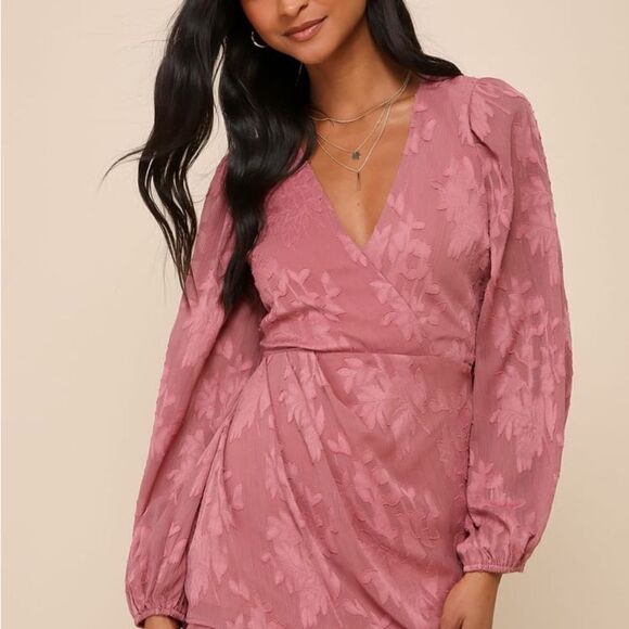 Lulus | Meant to Shine Mauve Floral Jacquard Long Sleeve Mini Dress | M NWT - Picture 4 of 8